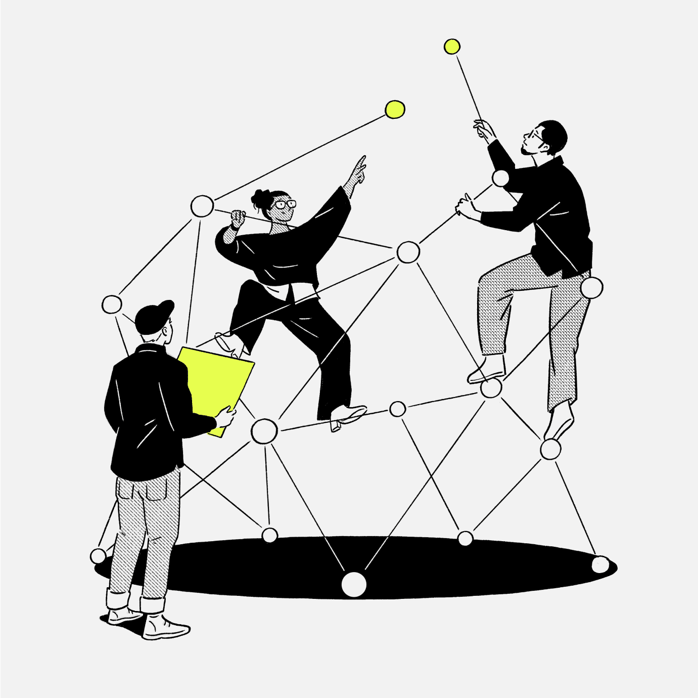 An illustration of people building an abstract structure